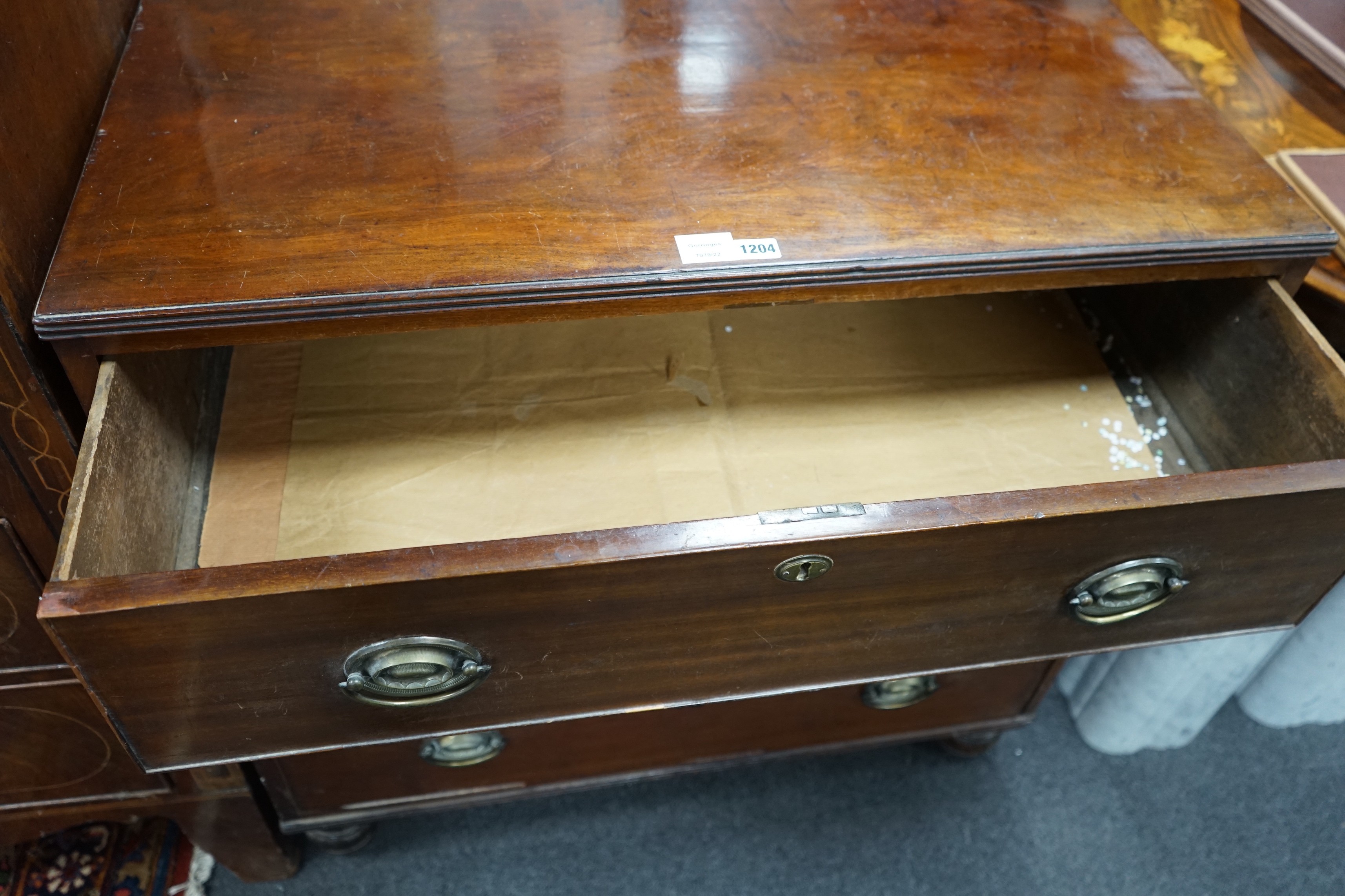 A George III mahogany three drawer chest, width 92cm, depth 54cm, height 89cm